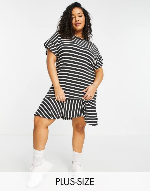 Simply Be - Vestito camicia con fondo con volant, colore nero e bianco a righe