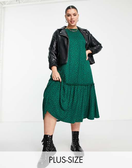 Simply Be - Vestito grembiule midi verde a pois con fondo a volant
