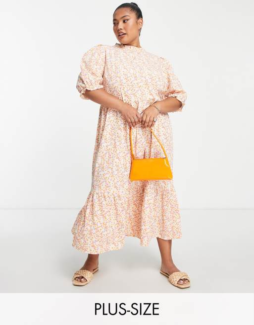 Simply Be - Vestito midi a balze a fiori arancioni