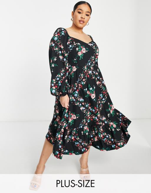 Simply Be - Vestito midi a balze con scollo a cuore, colore nero a fiori