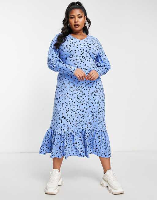 Simply Be - Vestito midi blu a fiori con maniche a sbuffo e fondo peplo, 4 di 4