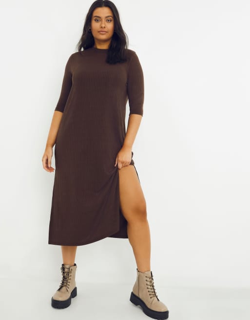 SImply Be - Vestito midi con maniche a 3/4 e spacco laterale color cioccolato a coste
