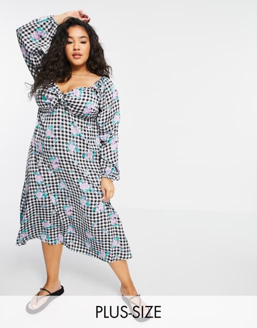 Simply Be - Vestito midi con nodo sul davanti a fiori e quadretti