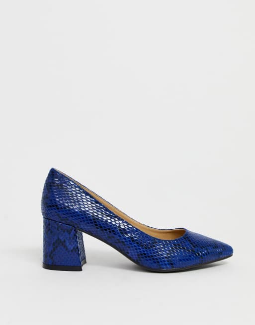 Simply Be wide fit block heel court shoe in blue snake ASOS