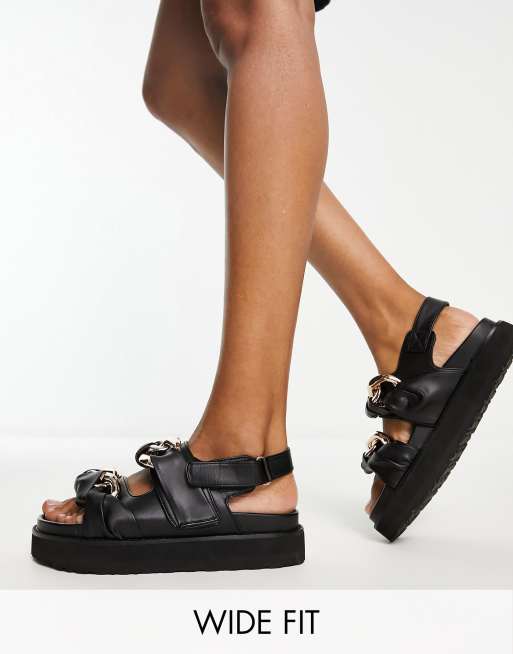 Simply Be Wide Fit chunky chain grandad flat sandals in black | ASOS