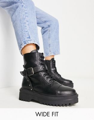 Simply Be Wide Fit chunky flat lace up boots with buckle detail in black