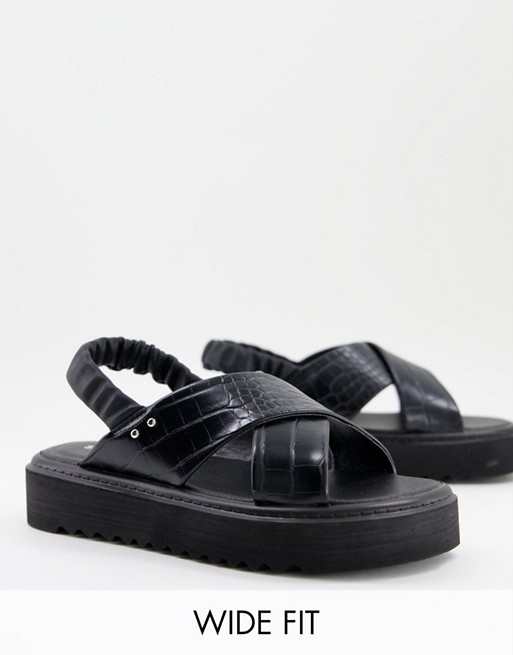 Simply Be wide fit chunky flatform sandal with cross strap detail in black