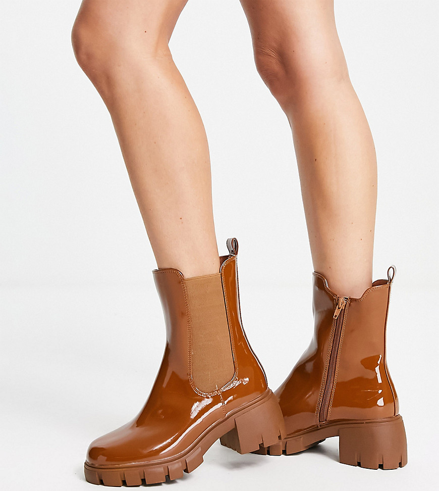 Simply Be Wide Fit Cleated Block Heeled Chelsea Boot In Brown