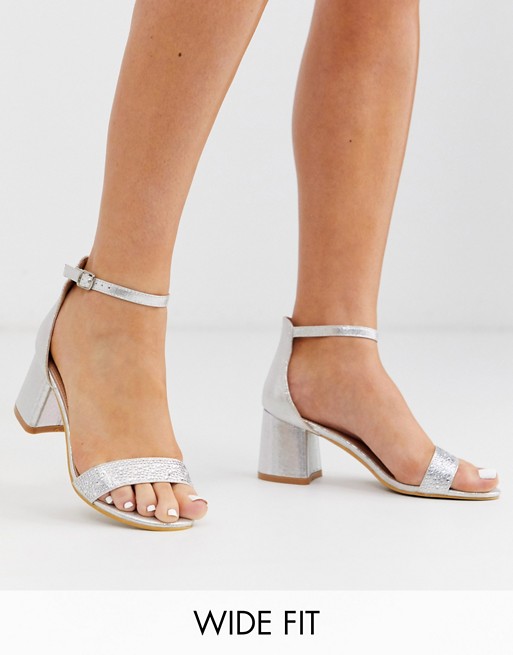 Simply Be wide fit diamante sandals with block heel in silver