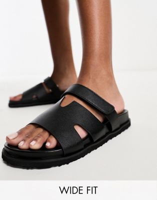 Simply Be Wide Fit double strap flat sandal in black - ASOS Price Checker