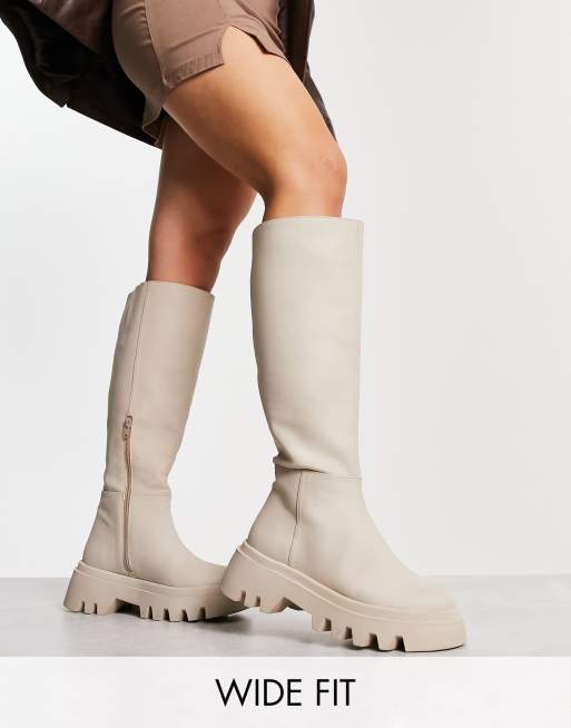 Simply Be Wide Fit - Flade knæstøvler med rillet sål i beige