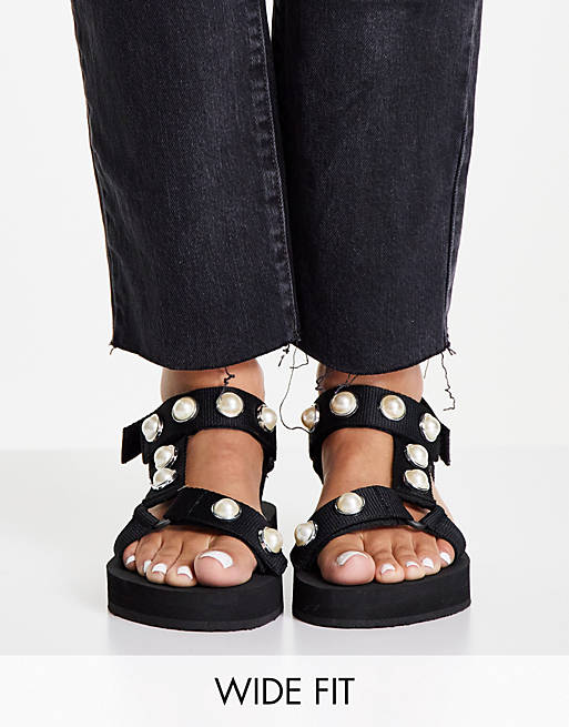 Simply Be wide fit flatform sandals with pearl straps in black