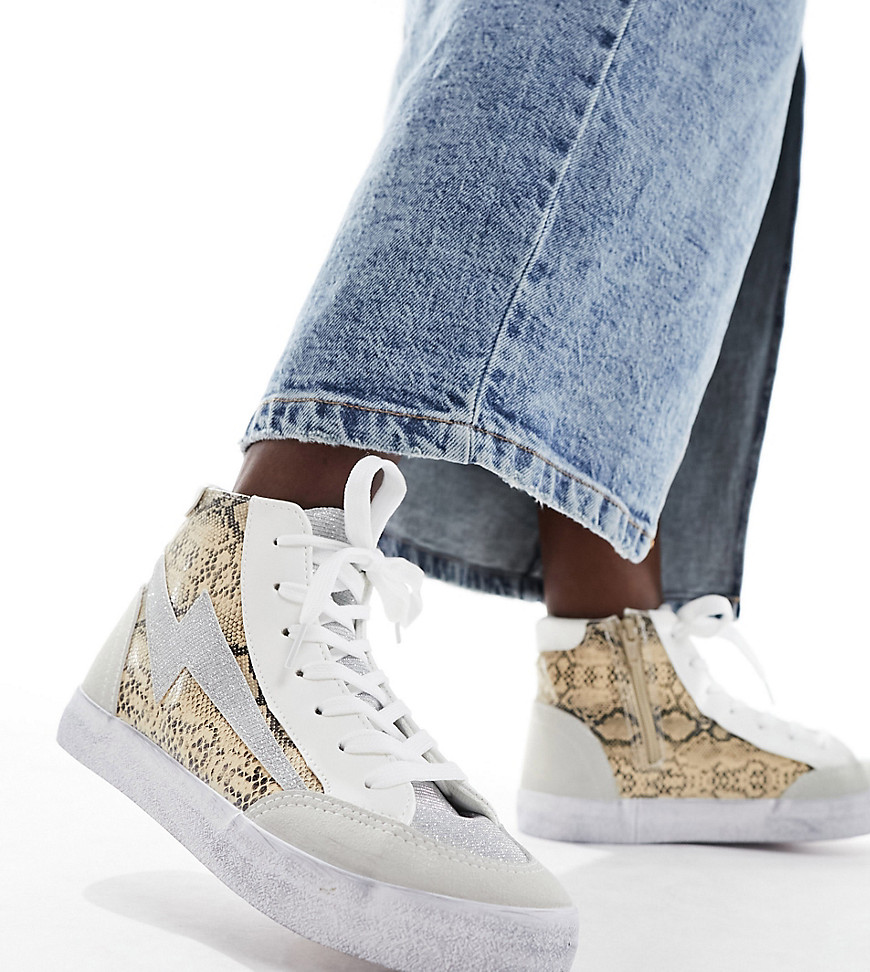Simply Be Wide Fit hi top trainers in snake print-Neutral