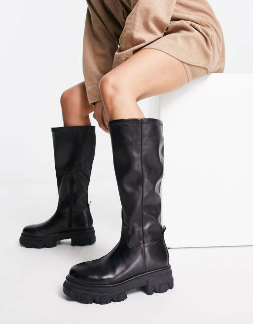 Simply Be Wide Fit knee flat boot with cleated sole in black