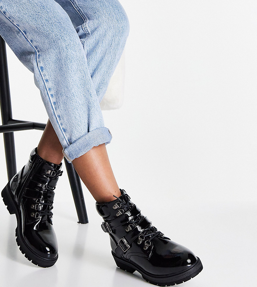 Simply Be wide fit lace up flat boot with buckle detail in black