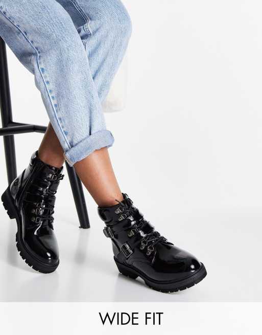 Simply Be wide fit lace up flat boot with buckle detail in black