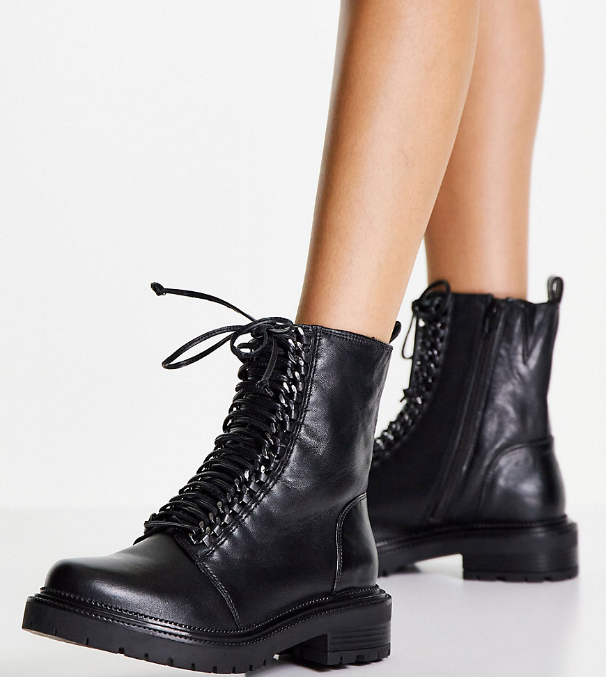 Simply Be Wide Fit lace up flat boots with chain detail in black