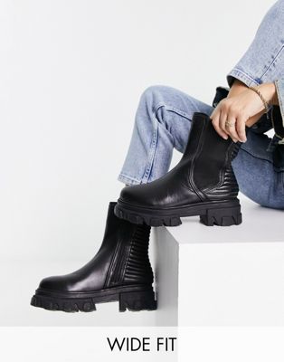  Wide Fit leather pull on chelsea flat ankle boots with cleated sole 