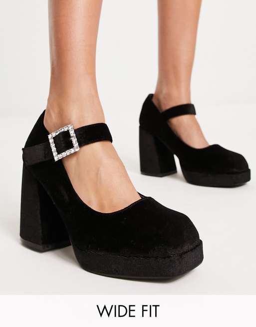 Simply Be Wide Fit - Mary Jane schoenen met hak, plateauzool en gesp met parels in zwart