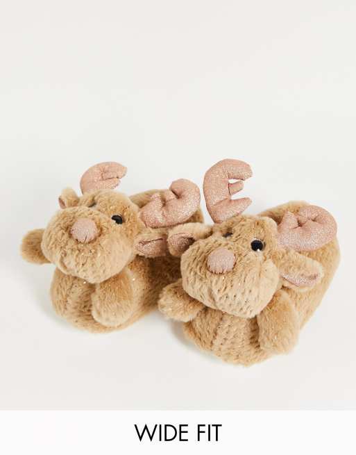 Simply be - Wide Fit - Slippers med rensdyr i brun