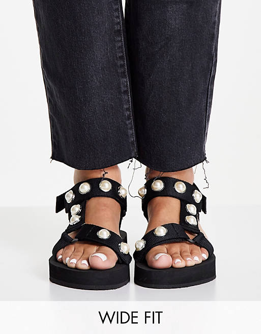 Simply Be - Wide Fit - Sorte flatform-sandaler med perleudsmykkede remme