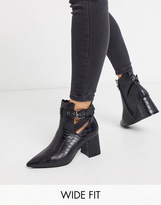 Simply Be wide fit strap heel ankle boot in black croc