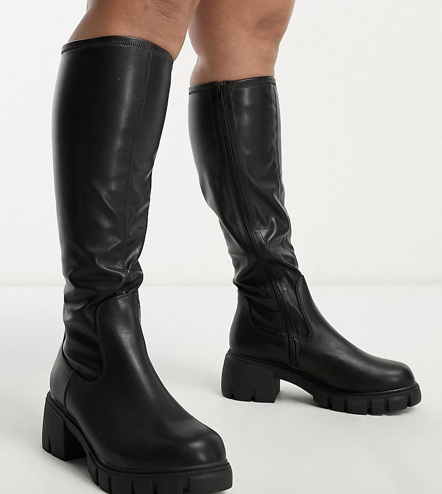 Simply Be Wide Fit stretch block heel knee boot in black