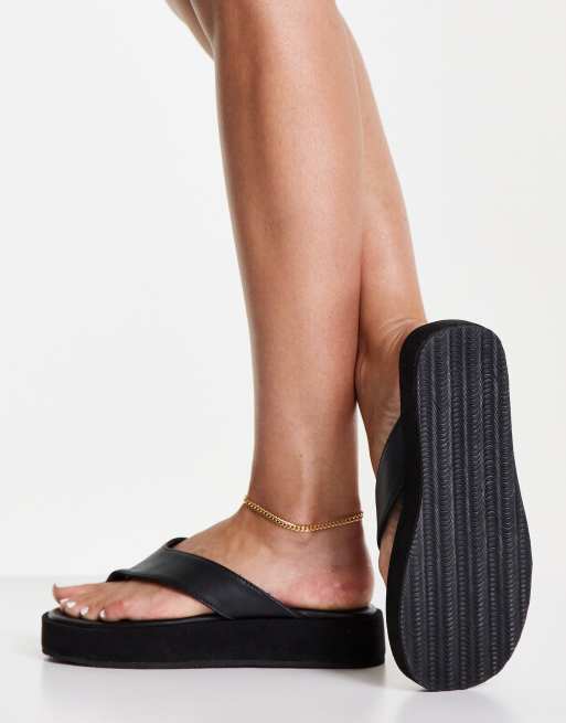 Simply Be Wide Fit toe post flatform sandals in black ASOS