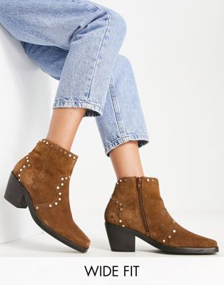 Simply Be Wide Fit western studded heeled ankle boots in tan
