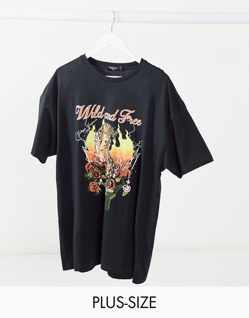 Simply Be wild and free slogan t-shirt in black