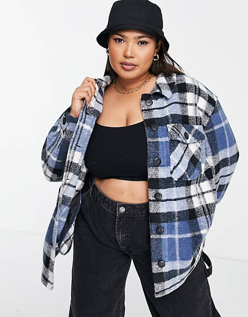 Women Simply Be wool shacket in blue check 