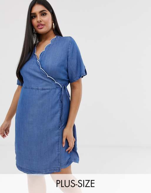 Simply Be wrap denim dress with scallop trim in blue | ASOS