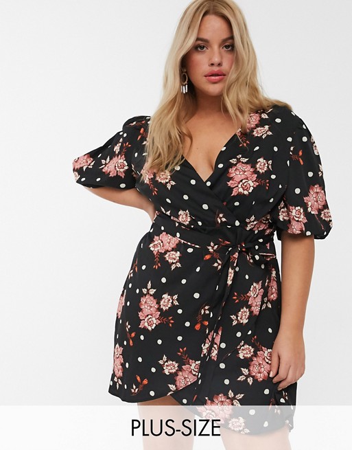 Simply Be wrap dress with balloon sleeves in floral print