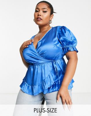 Simply Be wrap front satin top in blue - ASOS Price Checker