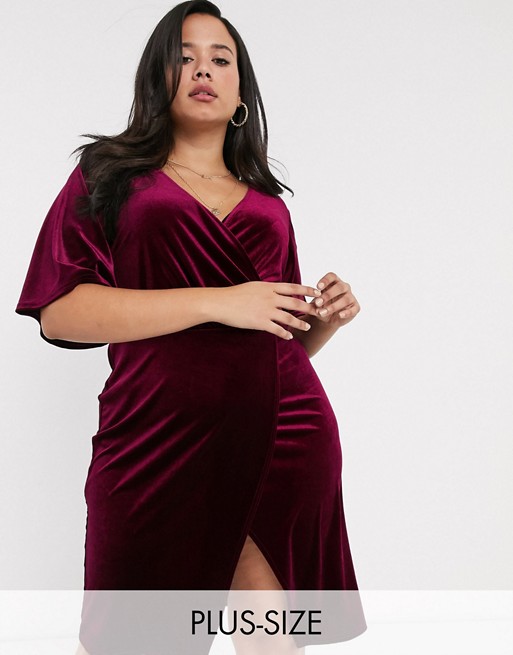 Simply Be wrap mini dress with angel sleeves in burgundy velvet