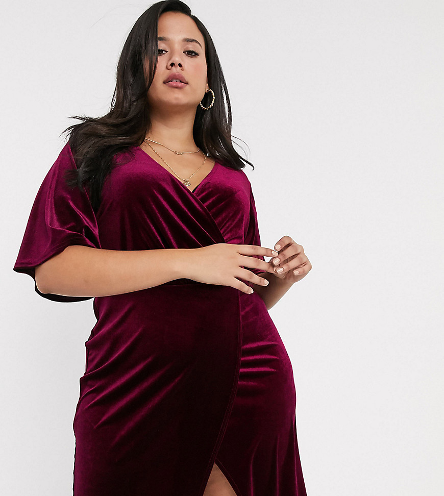 Simply Be wrap mini dress with angel sleeves in burgundy velvet-Purple