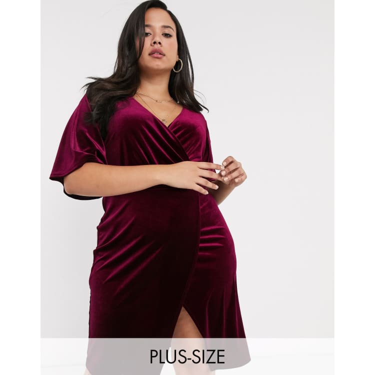 Simply Be wrap mini dress with angel sleeves in burgundy velvet | ASOS
