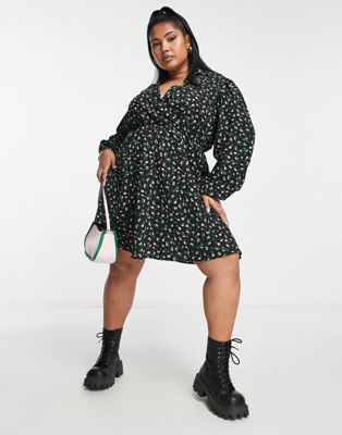 Simply Be Wrap Shirt Mini Dress In Black Ditsy Floral