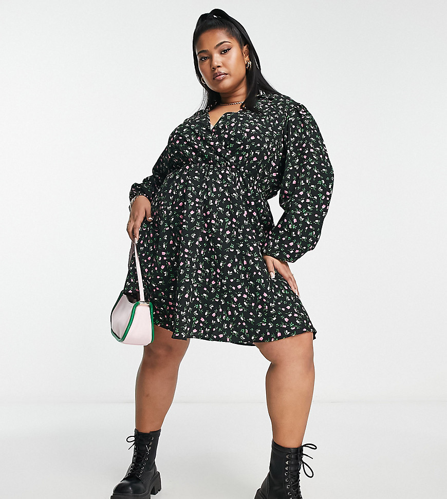 Simply Be Wrap Shirt Mini Dress In Black Ditsy Floral