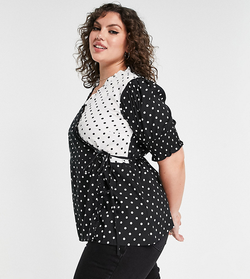 Plus-size top by Simply Be The scroll is over Polka-dot print Wrap front Short sleeves Tie waist Regular fit