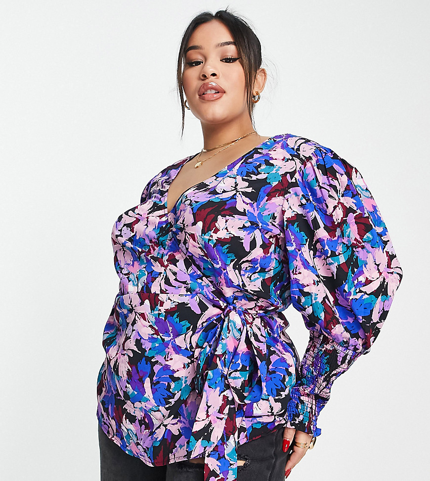 Simply Be wrap top with shirred cuff in lilac floral-Purple