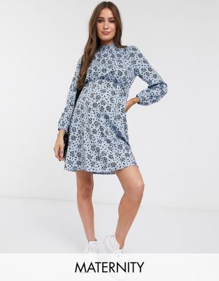 фото Синее платье мини с присборенной талией и узором new look maternity-синий