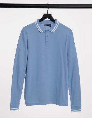  Синее поло из пике с окантовкой и длинными рукавами ASOS DESIGN-Голубой