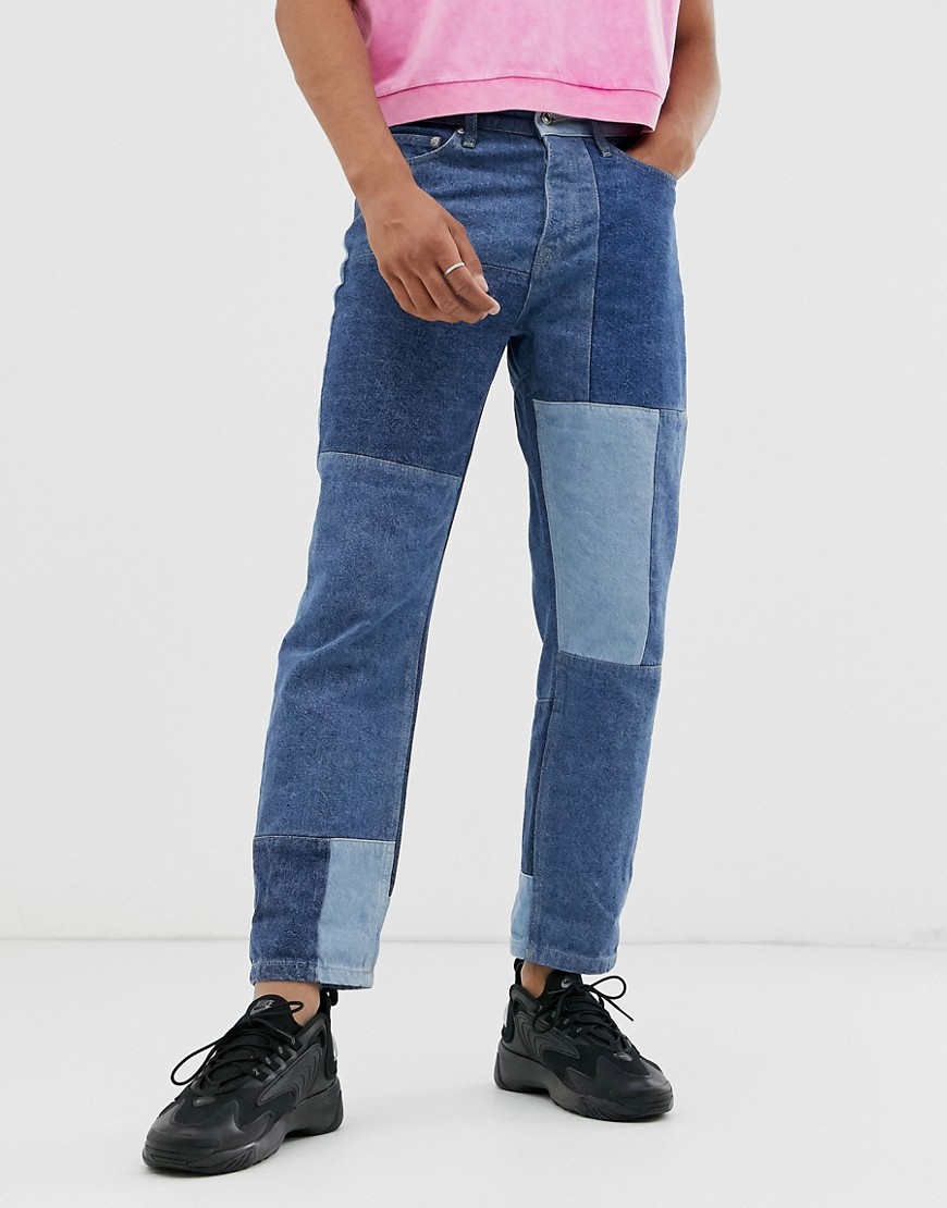 фото Синие джинсы классического кроя в стиле пэтчворк topman-синий