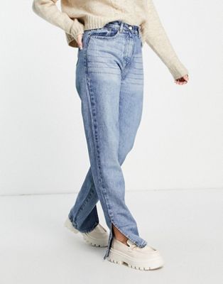 фото Синие джинсы прямого кроя с разрезами по бокам rebellious fashion-голубой