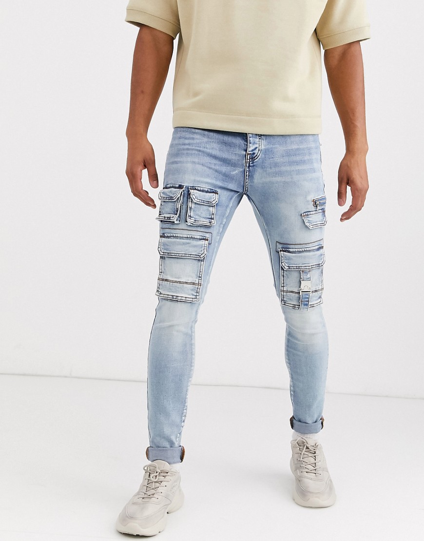 фото Синие джинсы скинни с карманами в стиле милитари sixth june-синий