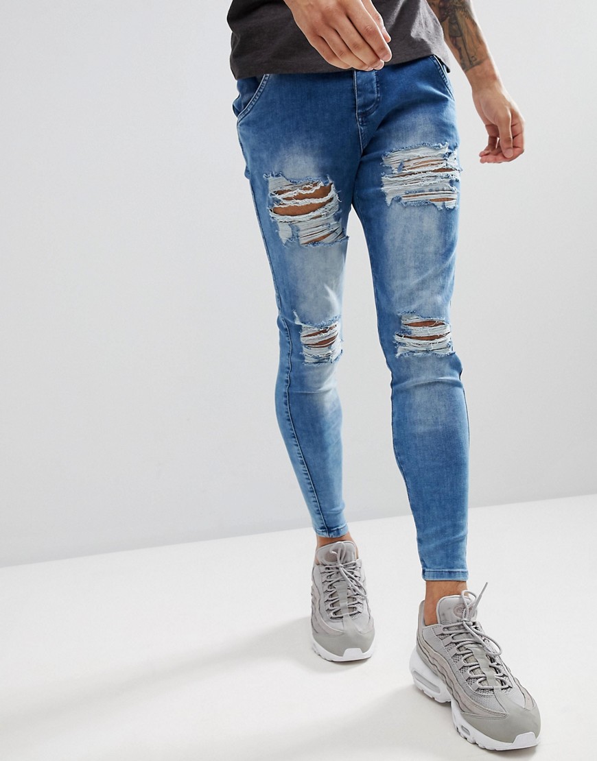 фото Синие джинсы скинни с рваной отделкой siksilk-синий