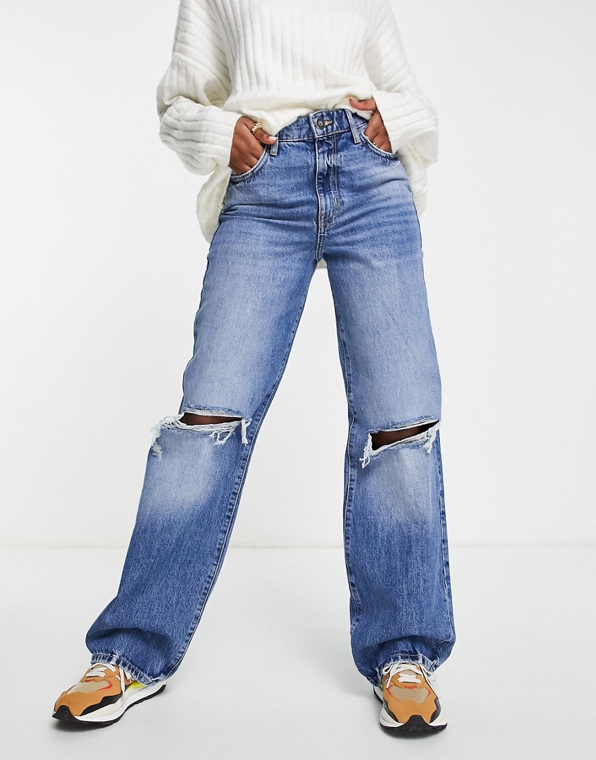 Синие выбеленные джинсы с разрывами на коленях в винтажном стиле -Голубой River Island 111358590