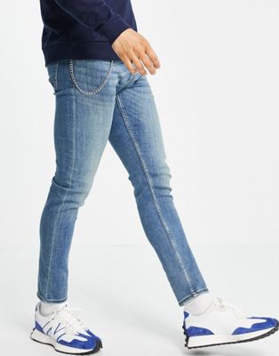фото Синие выбеленные джинсы зауженного кроя с цепочкой new look-голубой