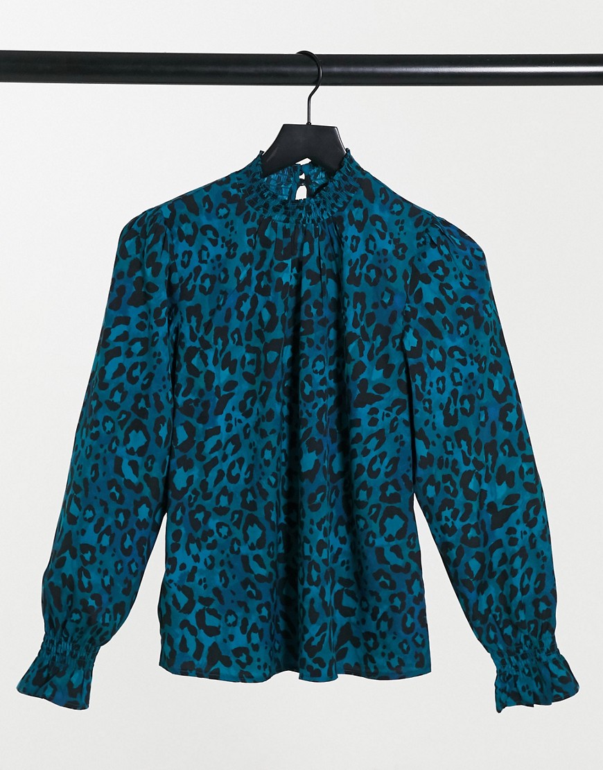 Синяя присборенная блузка с леопардовым принтом New Look-Синий